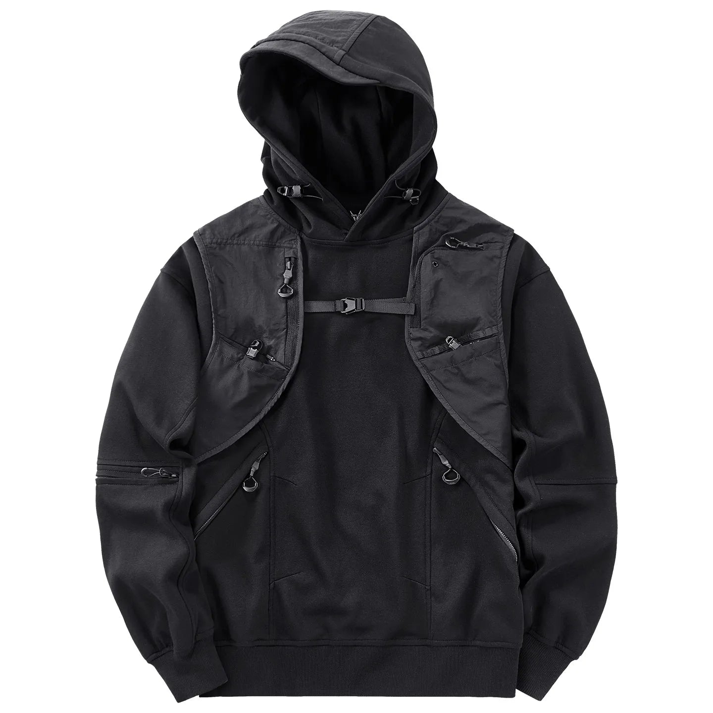 Men's Techwear Fake Two-Piece Hoodie 2025 Autum Harajuku Tactical Functional  Pullover Streetwear Hooded Sweatshirt Tops Black