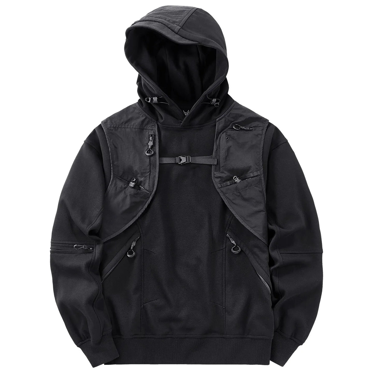 Men's Techwear Fake Two-Piece Hoodie 2025 Autum Harajuku Tactical Functional  Pullover Streetwear Hooded Sweatshirt Tops Black