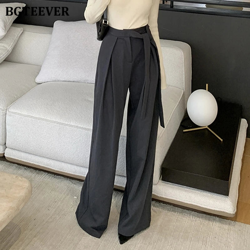 High waist straight suit pants with lace-up and wide leg