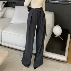High waist straight suit pants with lace-up and wide leg
