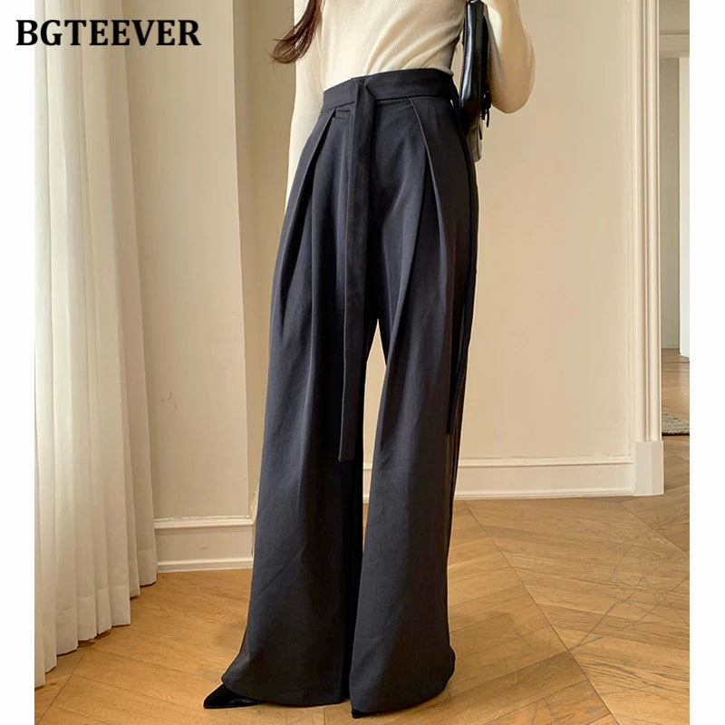 High waist straight suit pants with lace-up and wide leg