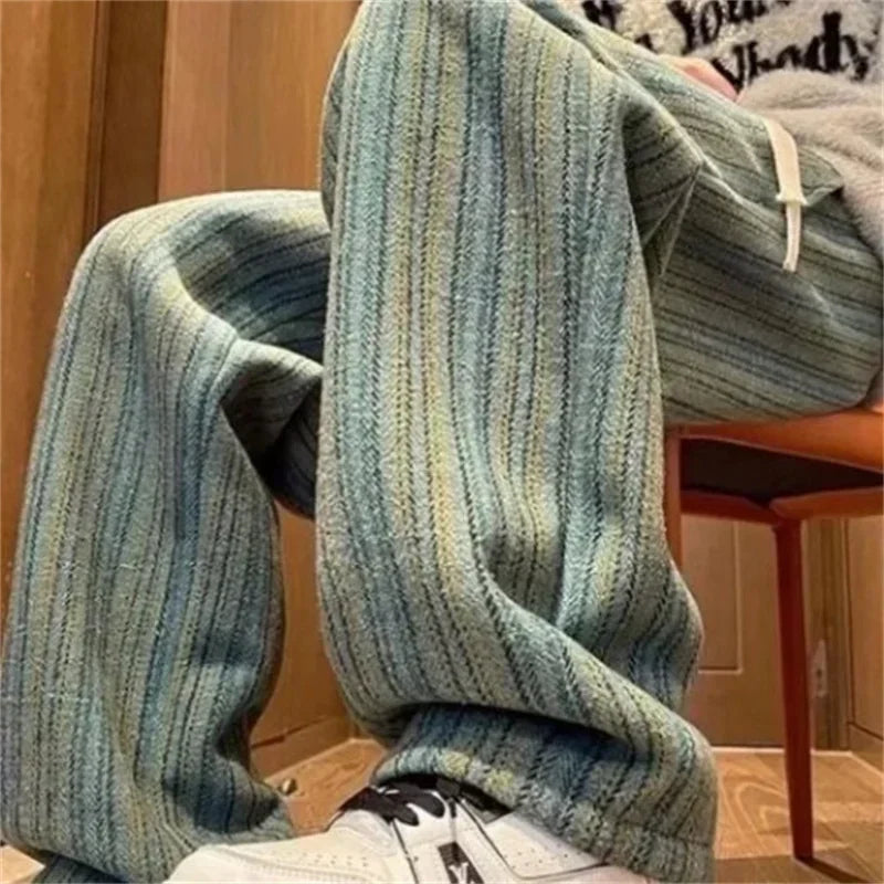 2026 New Men's Striped Woolen Straight Leg Trousers Classic Y2K Vintage Baggy Pants Casual High Street Fashion Gym Sweatpants