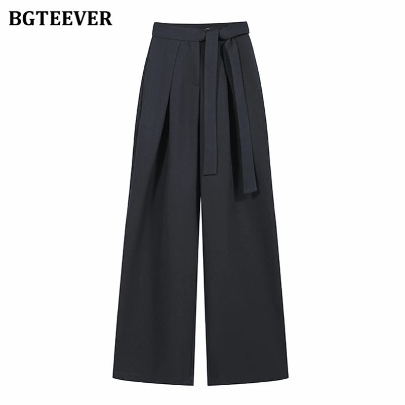 High waist straight suit pants with lace-up and wide leg