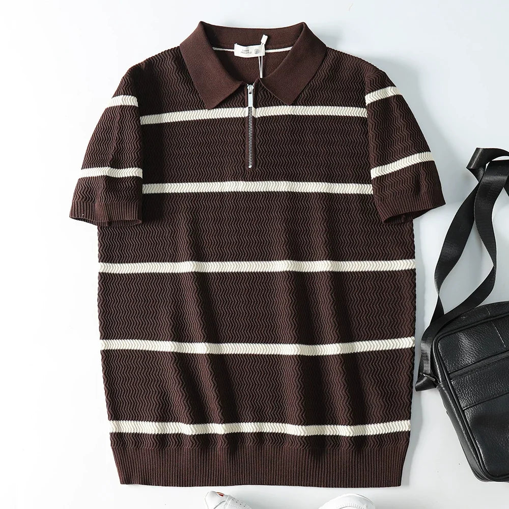 Summer Short Sleeve Knitted Wave Stripe Polo Shirt Men Business Casual Fashion Vintage Commuter Sweater T-shirt Tops Tshirt