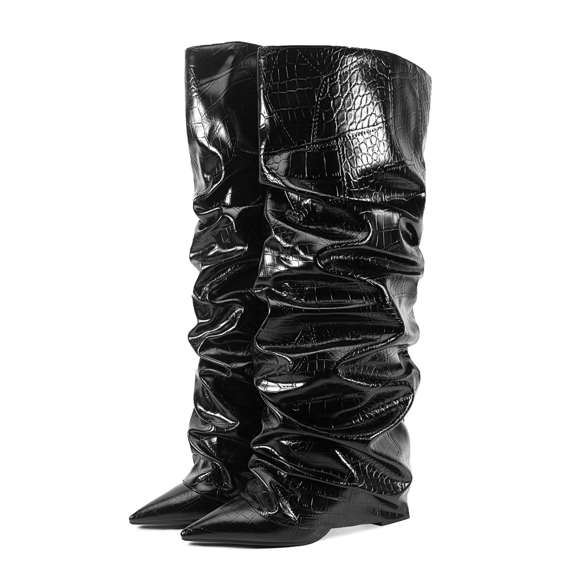 Pointed toe knee-high pleated boot with chunky heel in stone microfiber