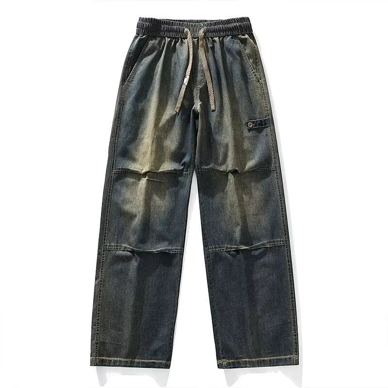 Autumn Men's Hip Hop Fashion Pleated Jeans High Street Straight-Leg Baggy Denim Trousers 2026 New Casual Drawstring Y2K jean