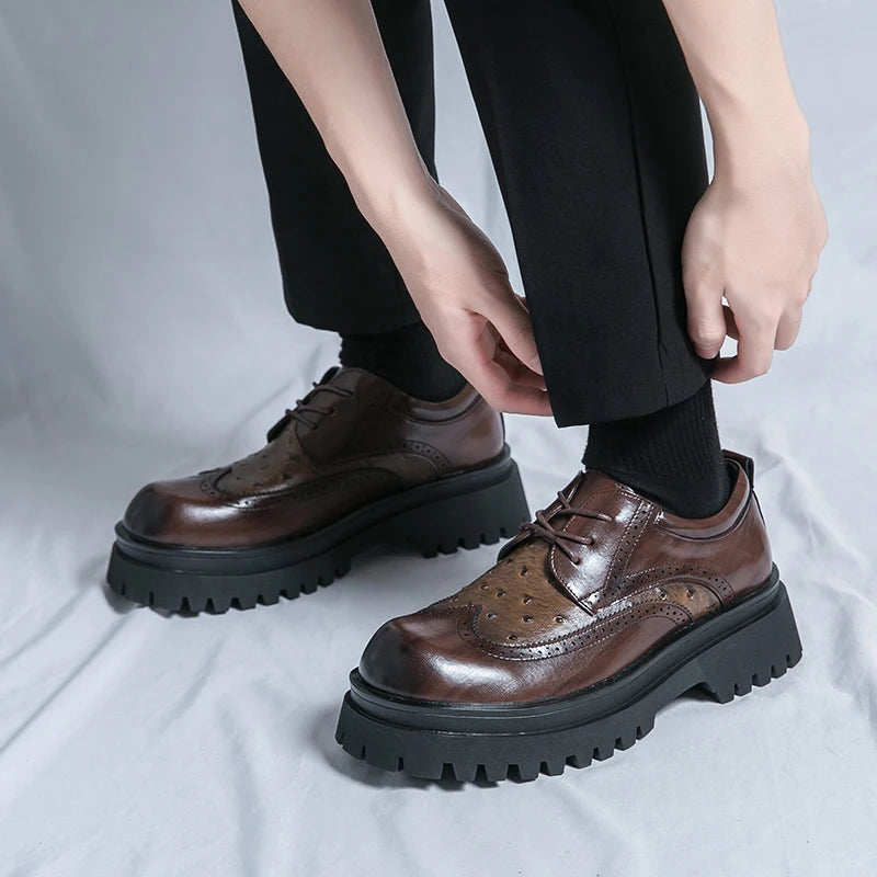Thick soled casual men's leather shoes Classic Black Brown style Leisure Business Office Height increasing groomsmen shoes