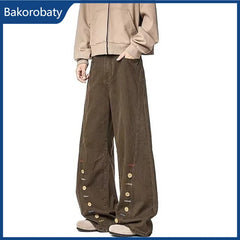 New Men's Retro Button-Design Brown Baggy Jeans Casual Straight Curved Denim Pants 2026 Spring High Street Y2K Jean