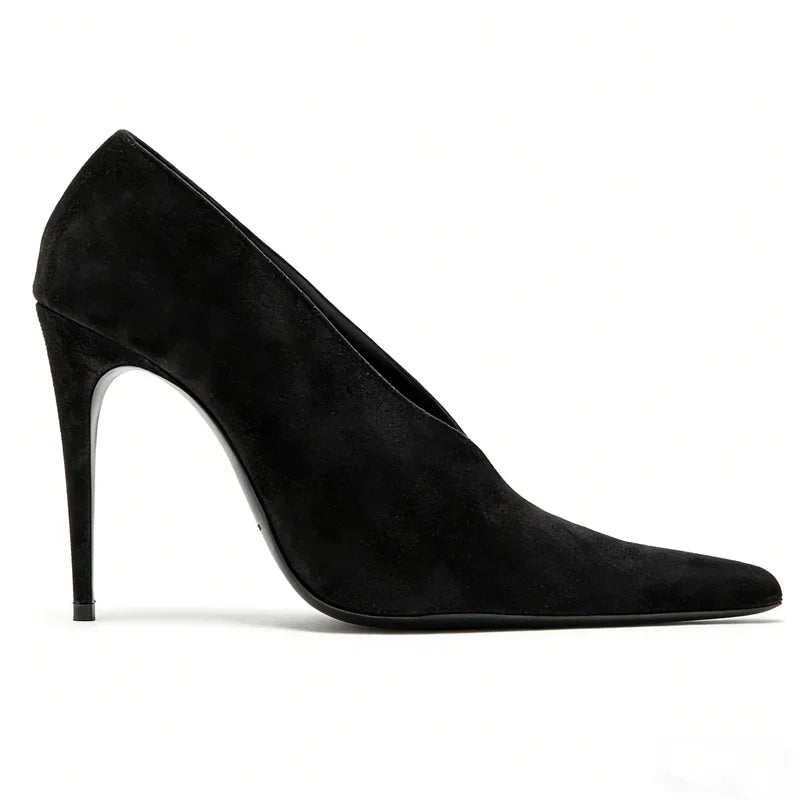 Pointed toe stiletto pump in zebra print suede