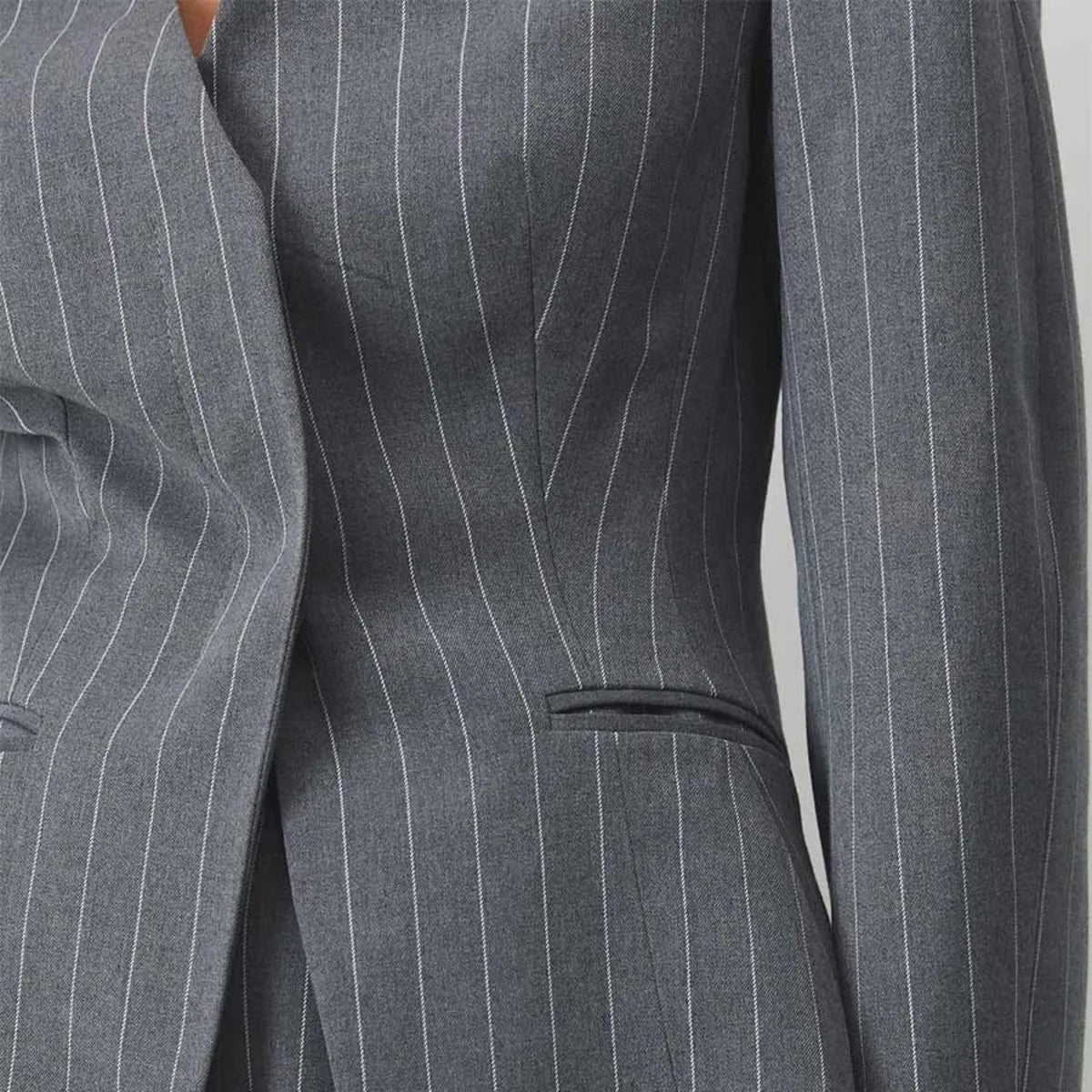 Pinstripe blazer two-piece set with choker neck and wide-leg pants