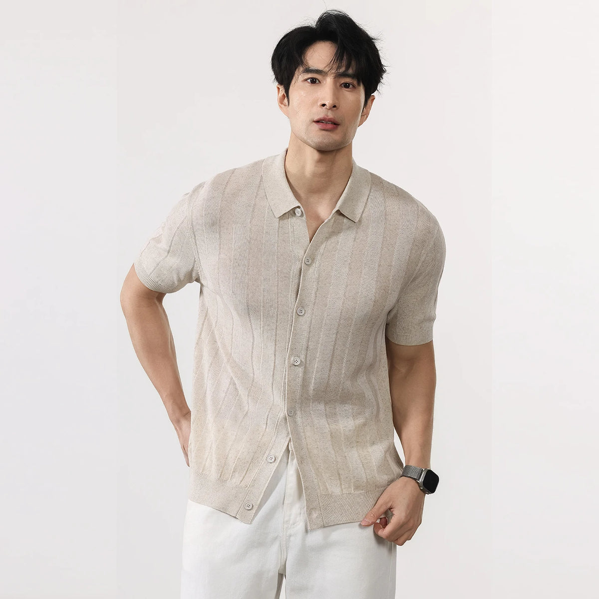Men Summer Business Casual Fashion Vintage Short Sleeve Knitted Stripe Cardigan Polo Shirt Male Commute Sweater T-shirt Tops