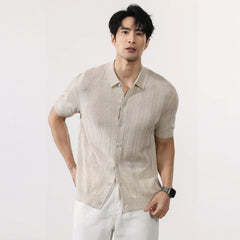 Men Summer Business Casual Fashion Vintage Short Sleeve Knitted Stripe Cardigan Polo Shirt Male Commute Sweater T-shirt Tops