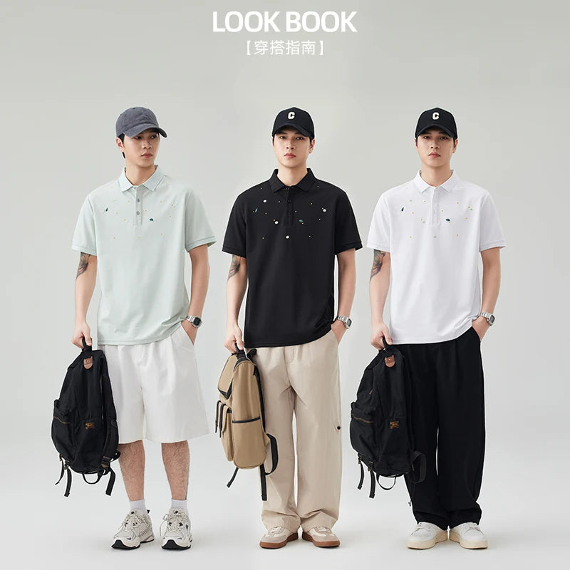 Summer High Elastic T Shirt Men Embroidery Short Sleeve Loose Casual Polo Shirt Male T-shirts