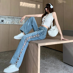 High waist straight jeans with braid hollow-out detail