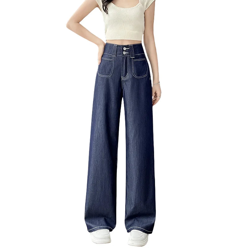 High waist wide-leg straight jeans in ice silk denim