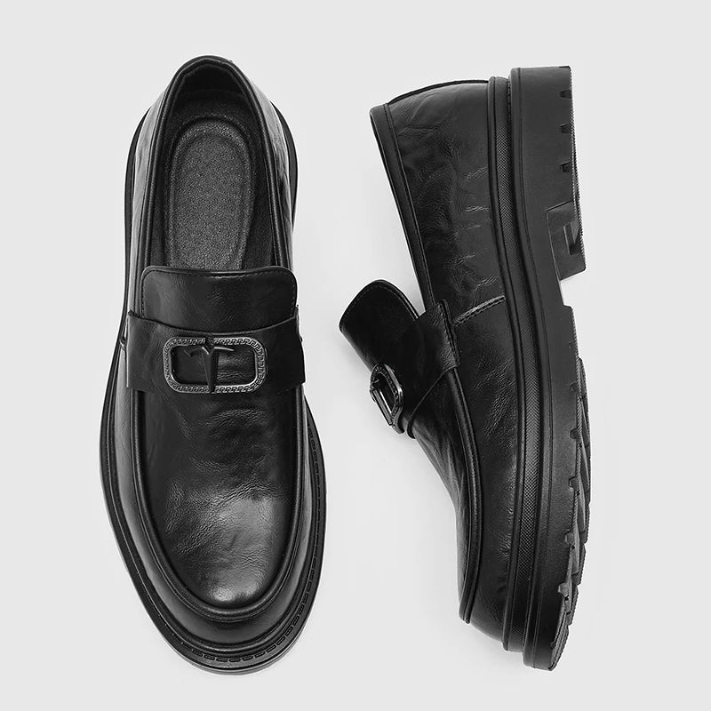 Men's Black Leather Loafers Niche Edgy Style Diamond Buckle Decor Chunky Sole Comfy Cushioned Insole Trendy Young Vibe Casual