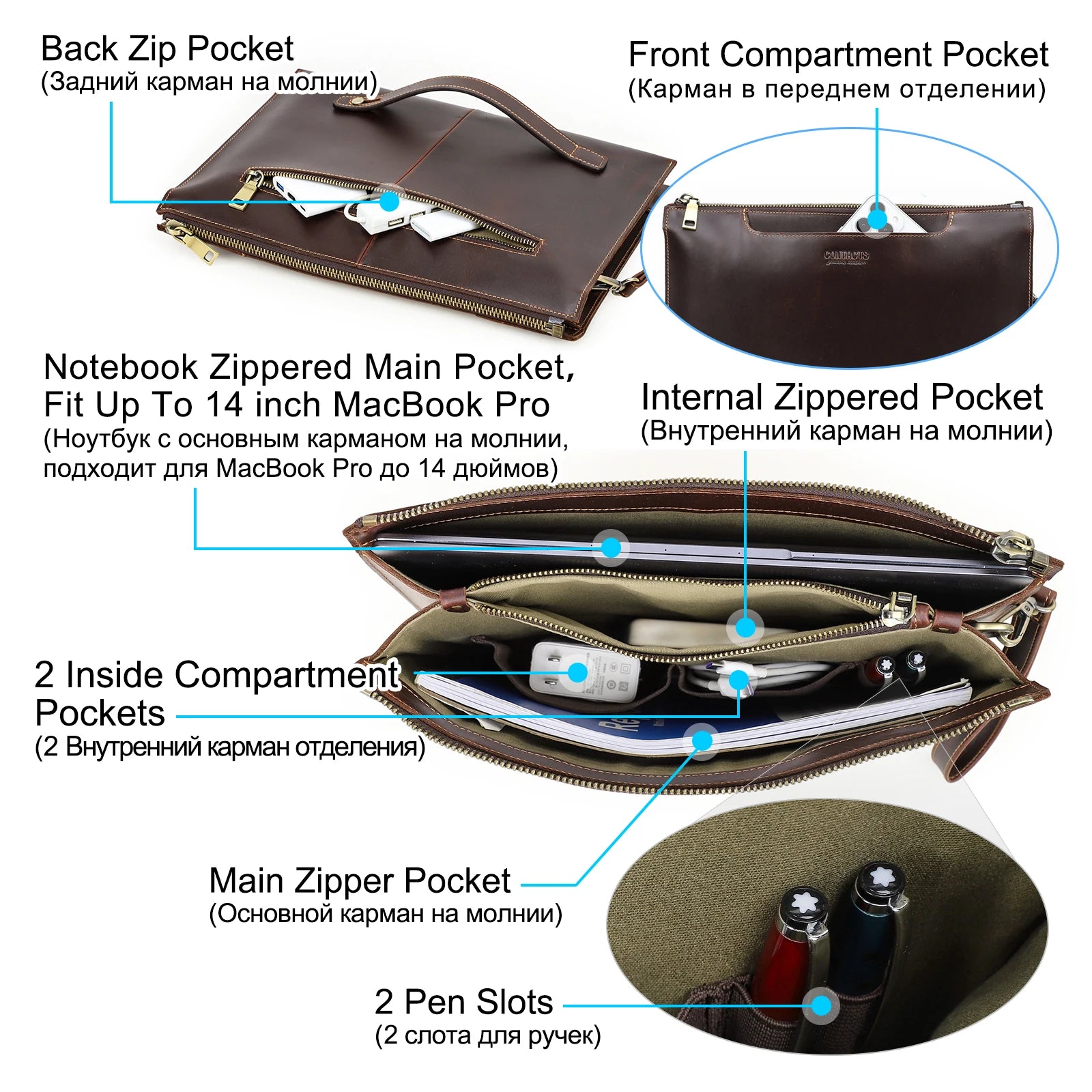 CONTACT'S Genuine Leather Laptop Clutch Bags for 14.2 inch Computer A4 Documents Organizer Men Work folio Bag Business Handbag