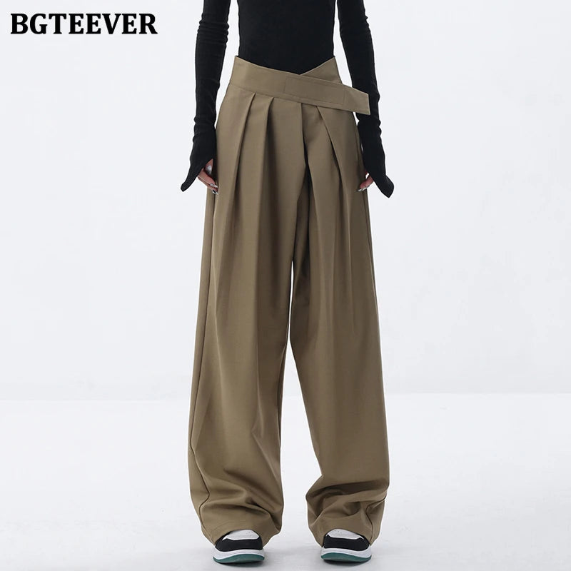 High waist floor-length wide-leg suit trousers with pockets