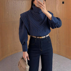 BJTZ 2026 Spring Autumn Women French Vintage Striped Stand Collar Patchwork Long Sleeve Shirt Elegant Slim Fit Casual Office Top