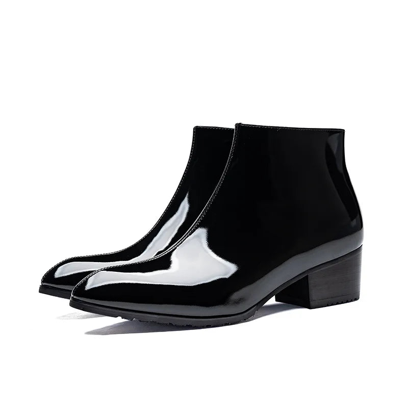 Men Boots Winter Patent Leather Short Boot British Style Shoes High Heel Chelsea Boot Motorcycle Short Boots Casual Ankle Shoes