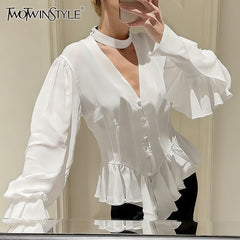 TWOTWINSTYLE White Loose Spliced Folds Chic Shirt for Women V Neck Long Sleeve Elegant French Shirts Female Summer Fashion New