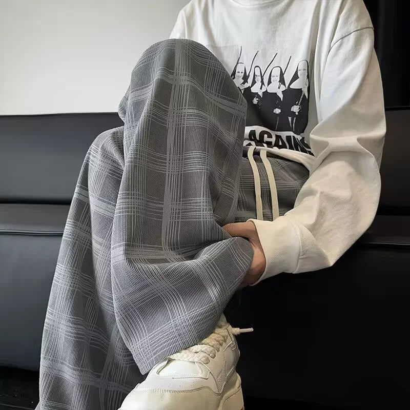 Spring Men's Plaid Distressed Baggy Pants 2026 New Casual Sports Loose Straight-Leg Sweatpants High Street Fashion Y2K Trousers