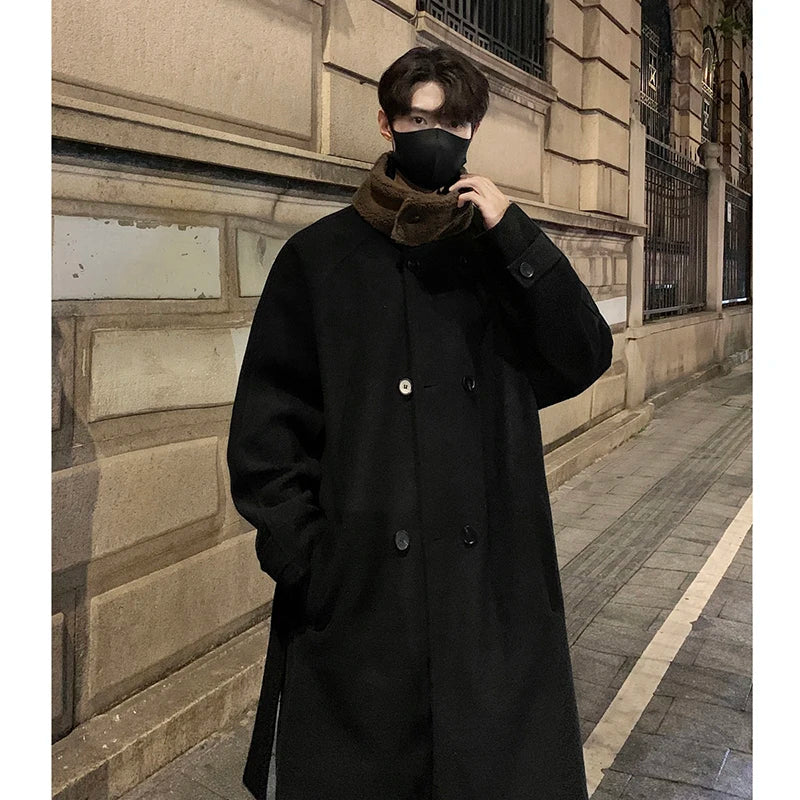 Men's Lamb wool Patchwork Woolen Overcoat Men High-end Stand Collar Casual Loose Korean Style Winter New Elegant Trench Coat