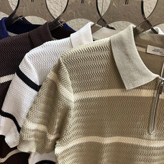 Summer Short Sleeve Knitted Wave Stripe Polo Shirt Men Business Casual Fashion Vintage Commuter Sweater T-shirt Tops Tshirt