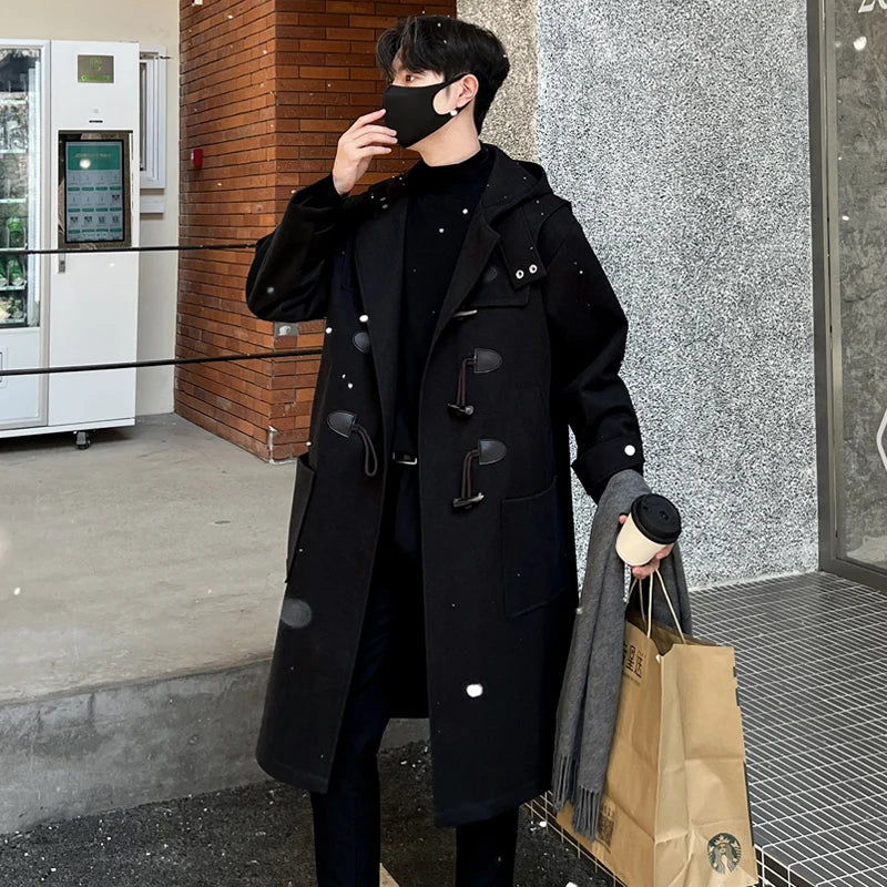 Korean-style Woolen Trench Men Horn Button Casual Long Windbreaker Winter Hooded Jacket Coats Fashion Trenchcoat