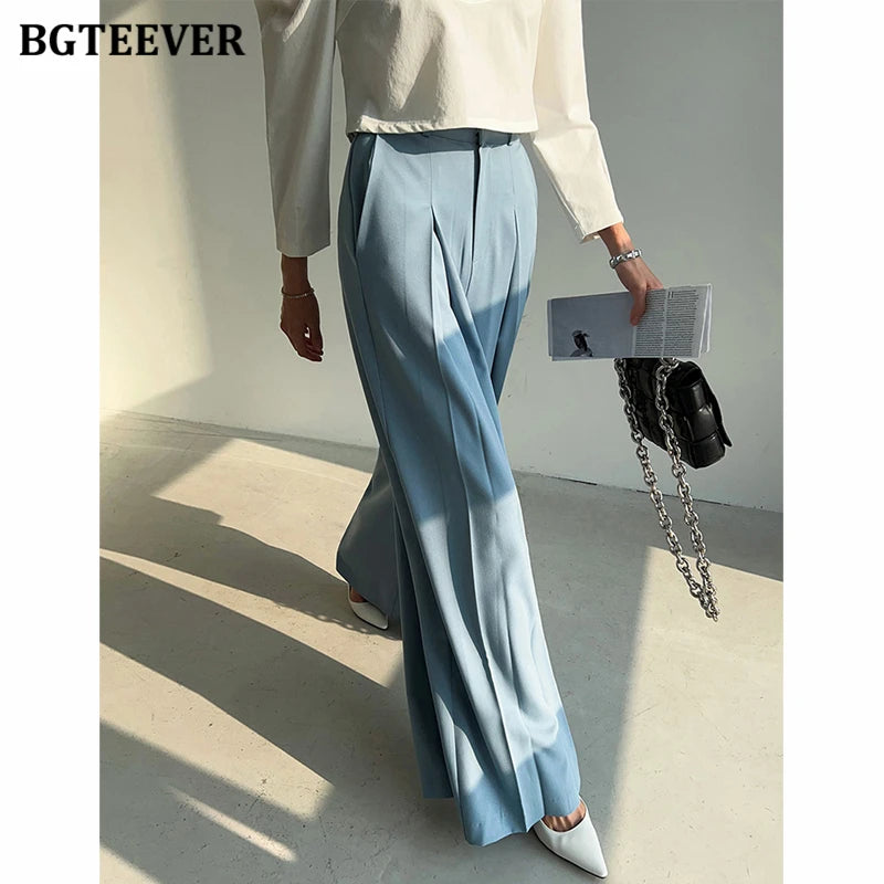 High waist wide-leg loose long trousers with pockets