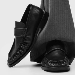 Men's Black Genuine Leather Loafers Square Toe Wrinkle Design Slip-On Casual Dress Shoes Vintage British Style Comfortable Flat