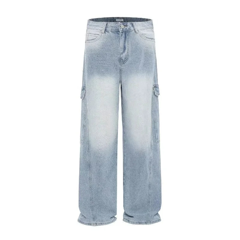 Autumn Side Multi-pocket Straight Wide-Leg Jeans For Man Hip Hop Fashion Cargo Denim Pants Y2K Vintage Streetwear Baggy Jean