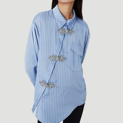 TWOTWINSTYLE Hit Color Spliced Diamonds Loose Blouse for Women Lapel Long Sleeve Pstchwork Pockets Female New