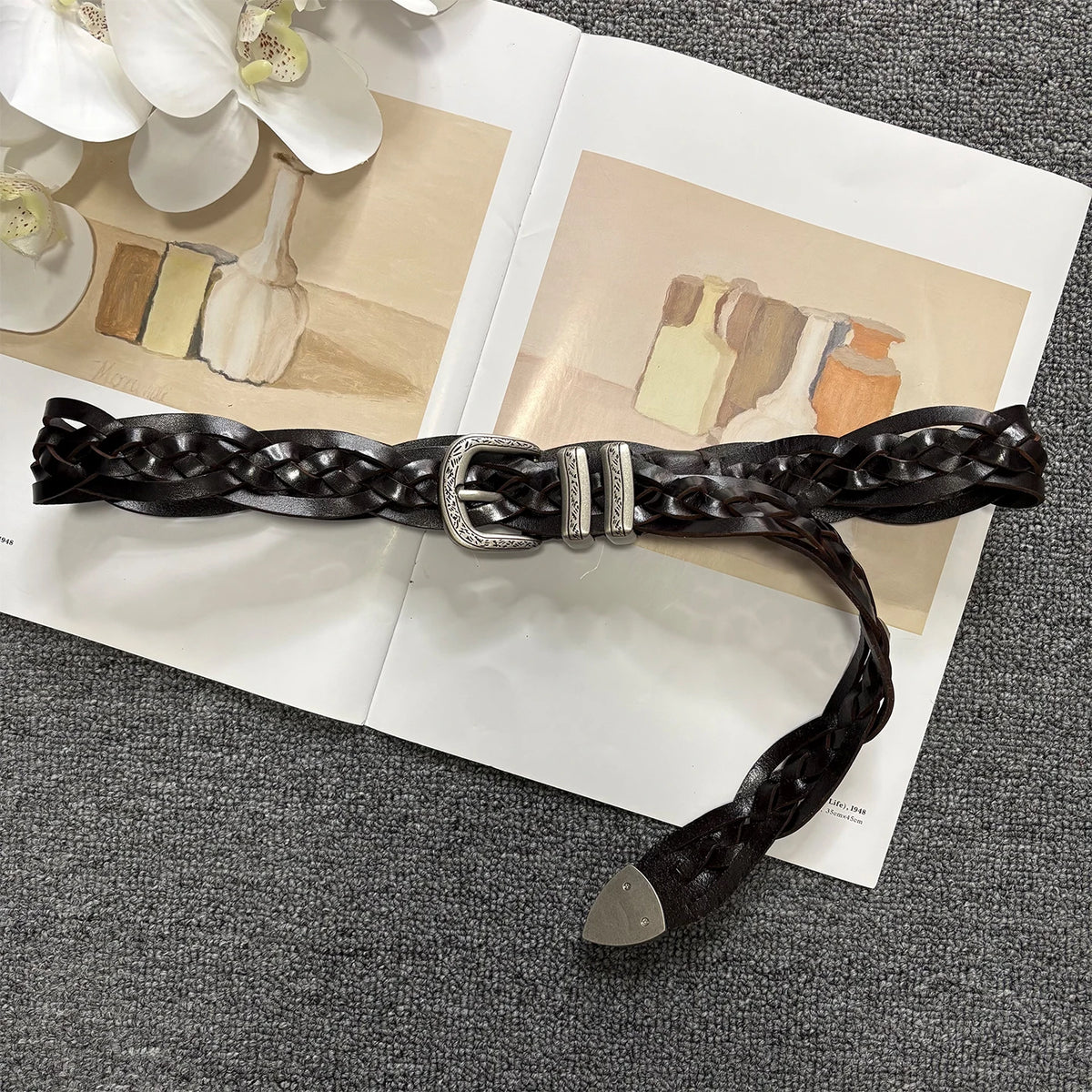 Handwoven genuine leather belt with antique silver buckle for pants