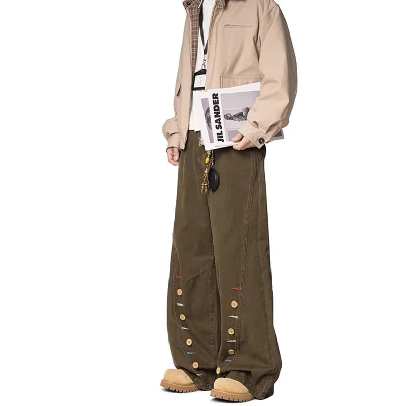 New Men's Retro Button-Design Brown Baggy Jeans Casual Straight Curved Denim Pants 2026 Spring High Street Y2K Jean