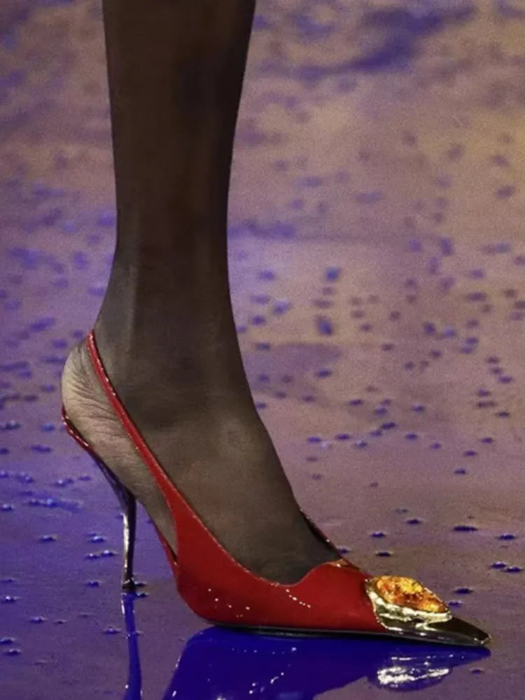 Square toe high heel sandal with gemstone detail