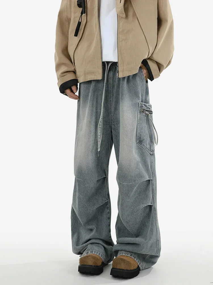 Autumn High Street Pleated Cargo Jeans For Men Pocket Straight Wide-leg Denim Pantalones Hombre Hip Hop Fashion Y2K Baggy Jean
