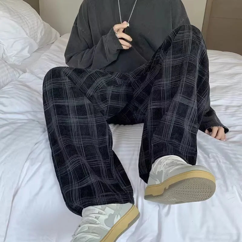 Spring Men's Plaid Distressed Baggy Pants 2026 New Casual Sports Loose Straight-Leg Sweatpants High Street Fashion Y2K Trousers