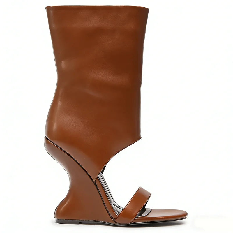 One-strap hollow sandal boot with side zipper in leather