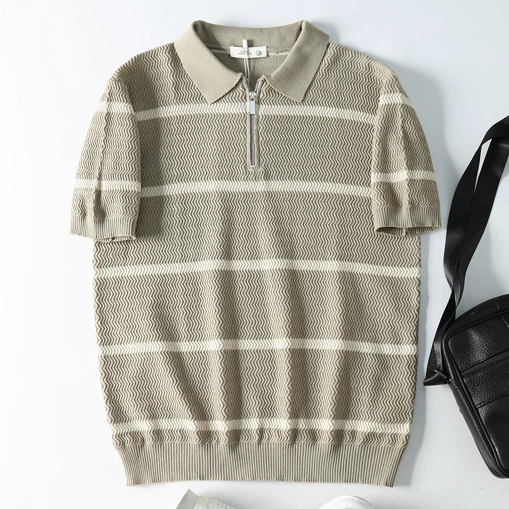 Summer Short Sleeve Knitted Wave Stripe Polo Shirt Men Business Casual Fashion Vintage Commuter Sweater T-shirt Tops Tshirt