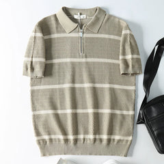 Summer Short Sleeve Knitted Wave Stripe Polo Shirt Men Business Casual Fashion Vintage Commuter Sweater T-shirt Tops Tshirt