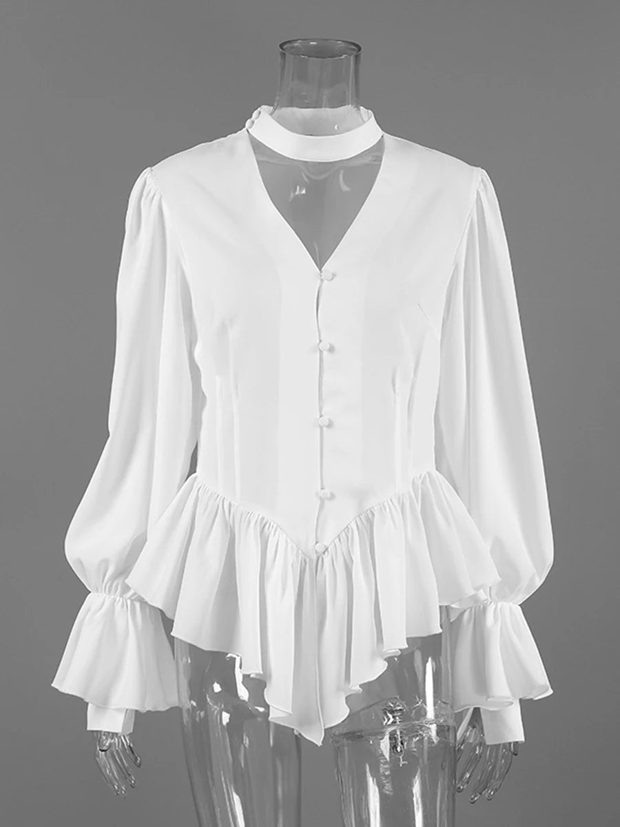 TWOTWINSTYLE White Loose Spliced Folds Chic Shirt for Women V Neck Long Sleeve Elegant French Shirts Female Summer Fashion New
