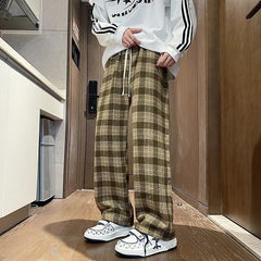 2026 New Y2K Vintage Plaid Baggy Trousers For Men High Street Woolen Straight-leg Pants Korean Fashion Hip Hop pantalones hombre