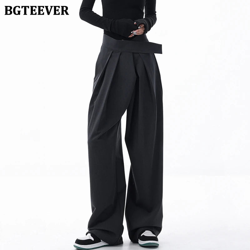 High waist floor-length wide-leg suit trousers with pockets