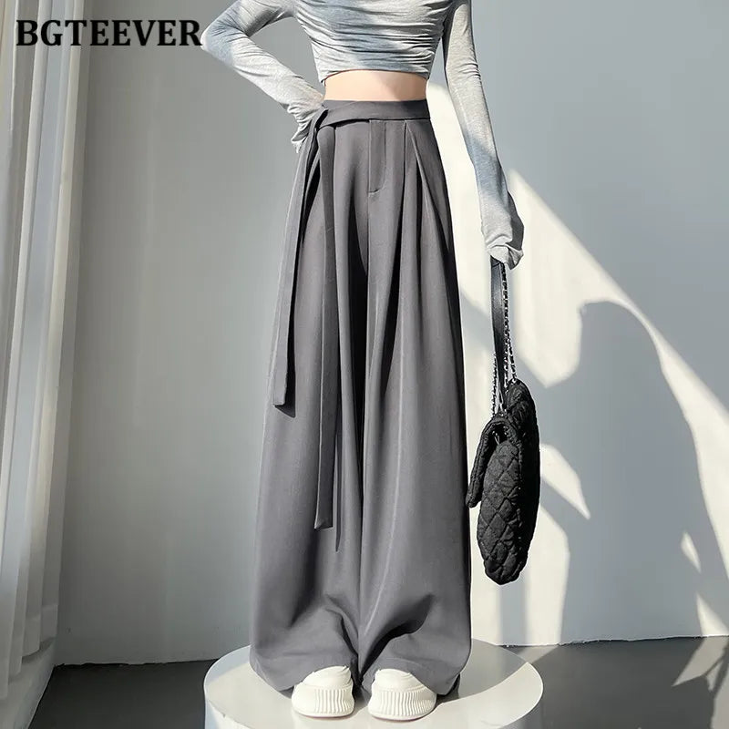 High waist wide-leg suit pants with lace-up in long length