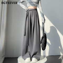 High waist wide-leg suit pants with lace-up in long length