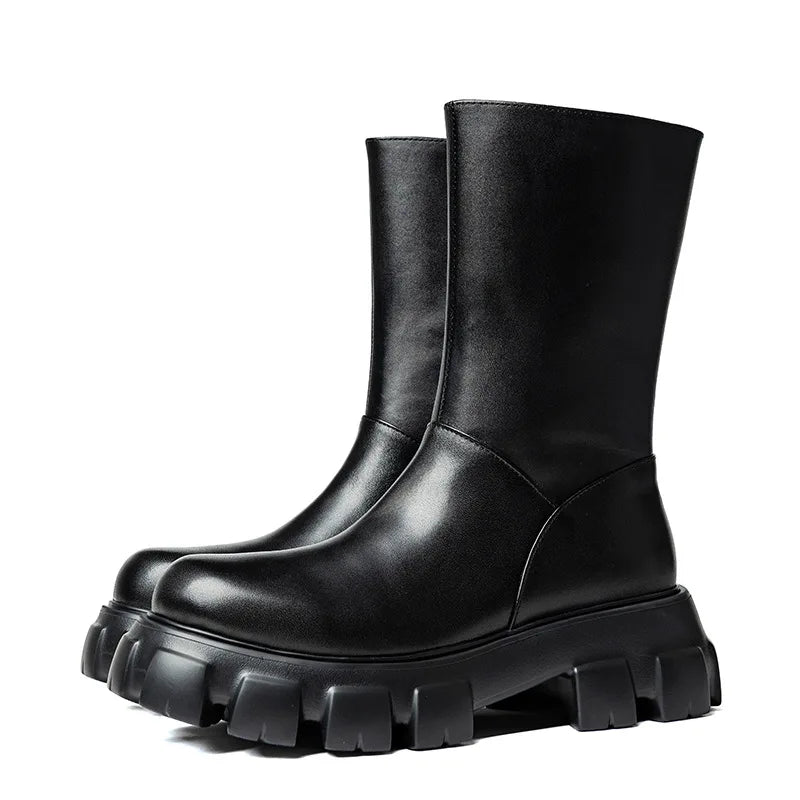 Thick Soled Platform Mens Boots Luxury Designer Square Head Soft Leather Chelsea Boots Fashion Trends Mens Street High Top Shoes
