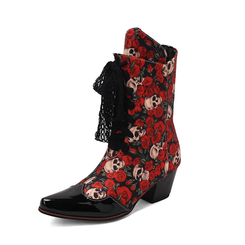Pointed toe ankle boot with thick heel in skull floral patchwork fabric