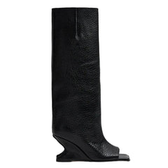 Square toe knee-high boot with high heel in stone pattern