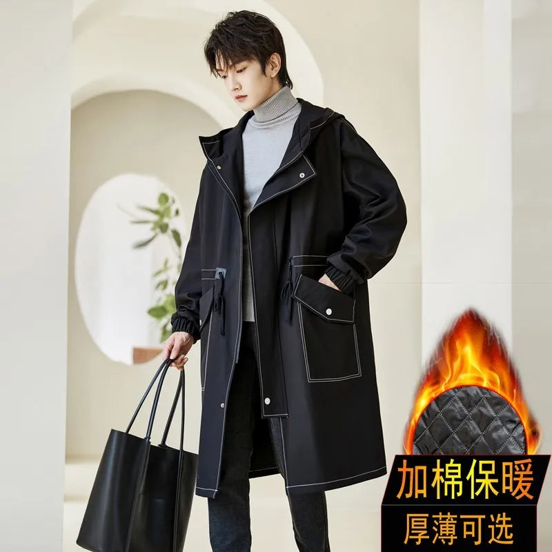 Korean Style Cotton-lined Windbreaker Men New Fashion Solid Color Trench Coat Autumn Winter Men's Casual Loose Thick Warm Coat